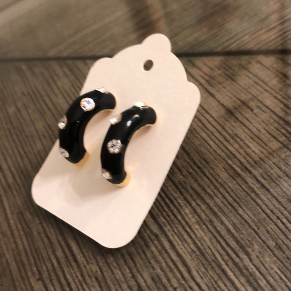 Vintage Black Enamel & Rhinestone Half Hoops - Picture 3 of 13